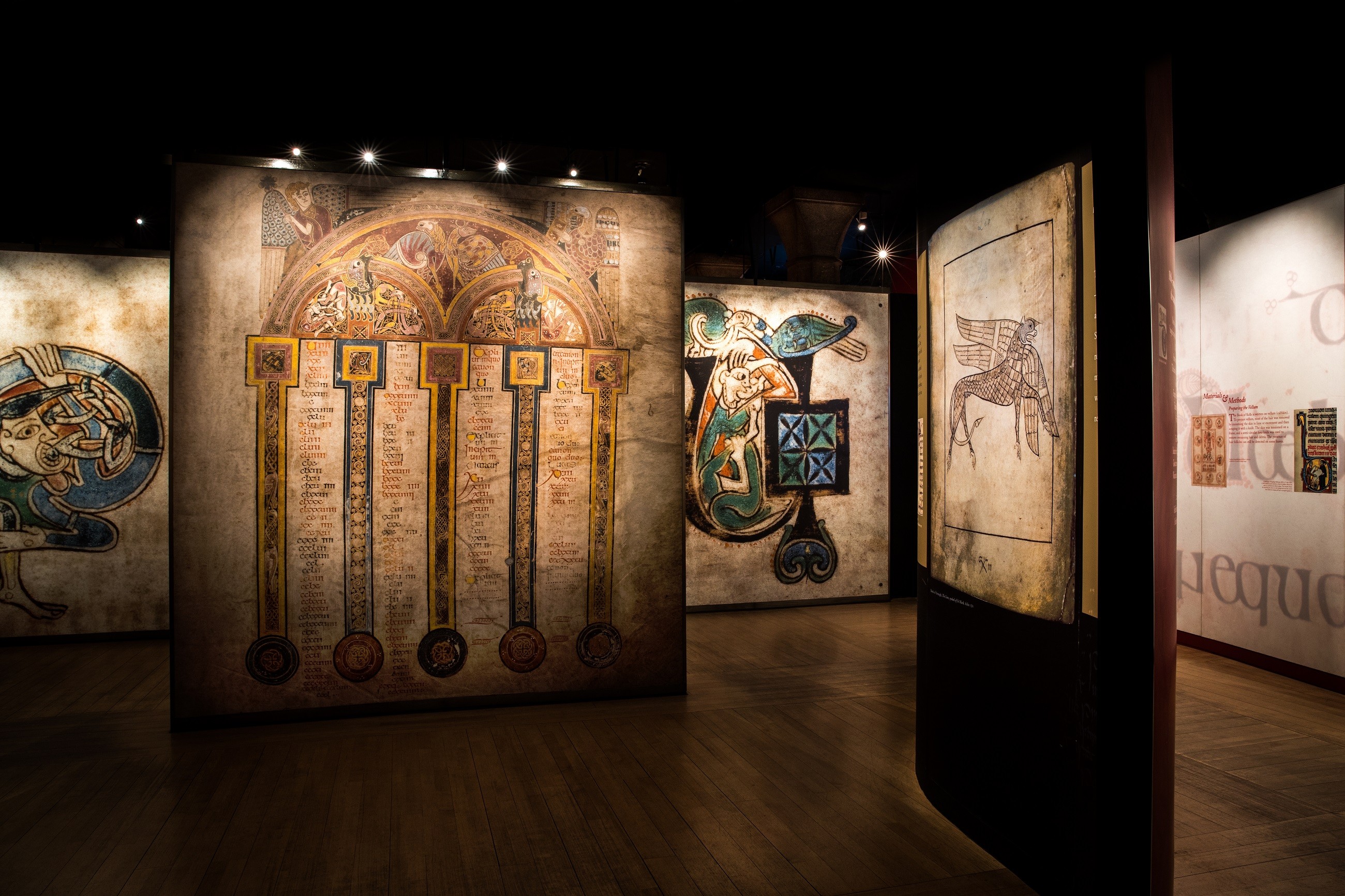 Illuminated pages from the Book of Kells projected in the Red Pavilion exhibition at Trinity College