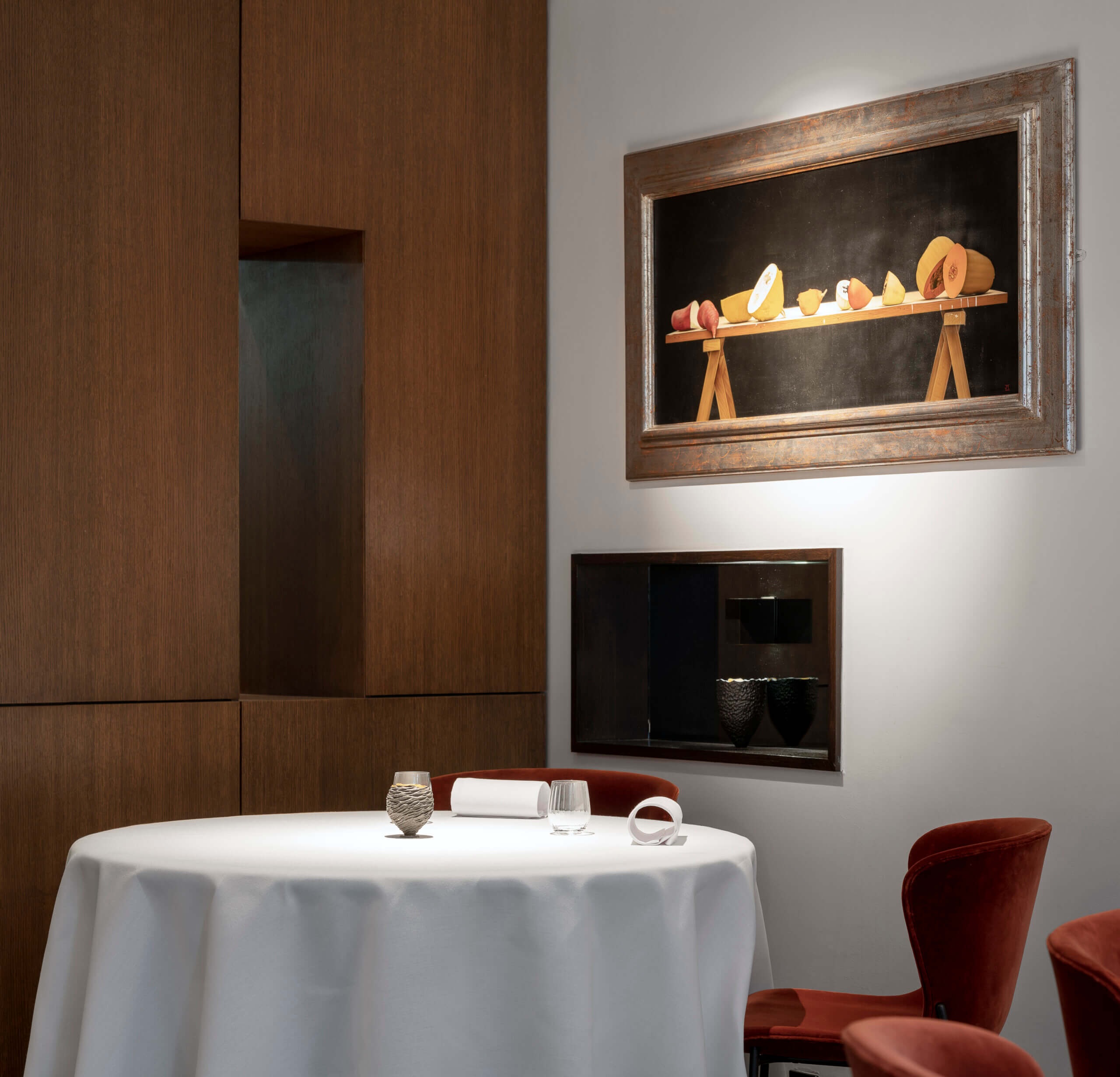 The white-linen dining room at Chapter One, Dublin
