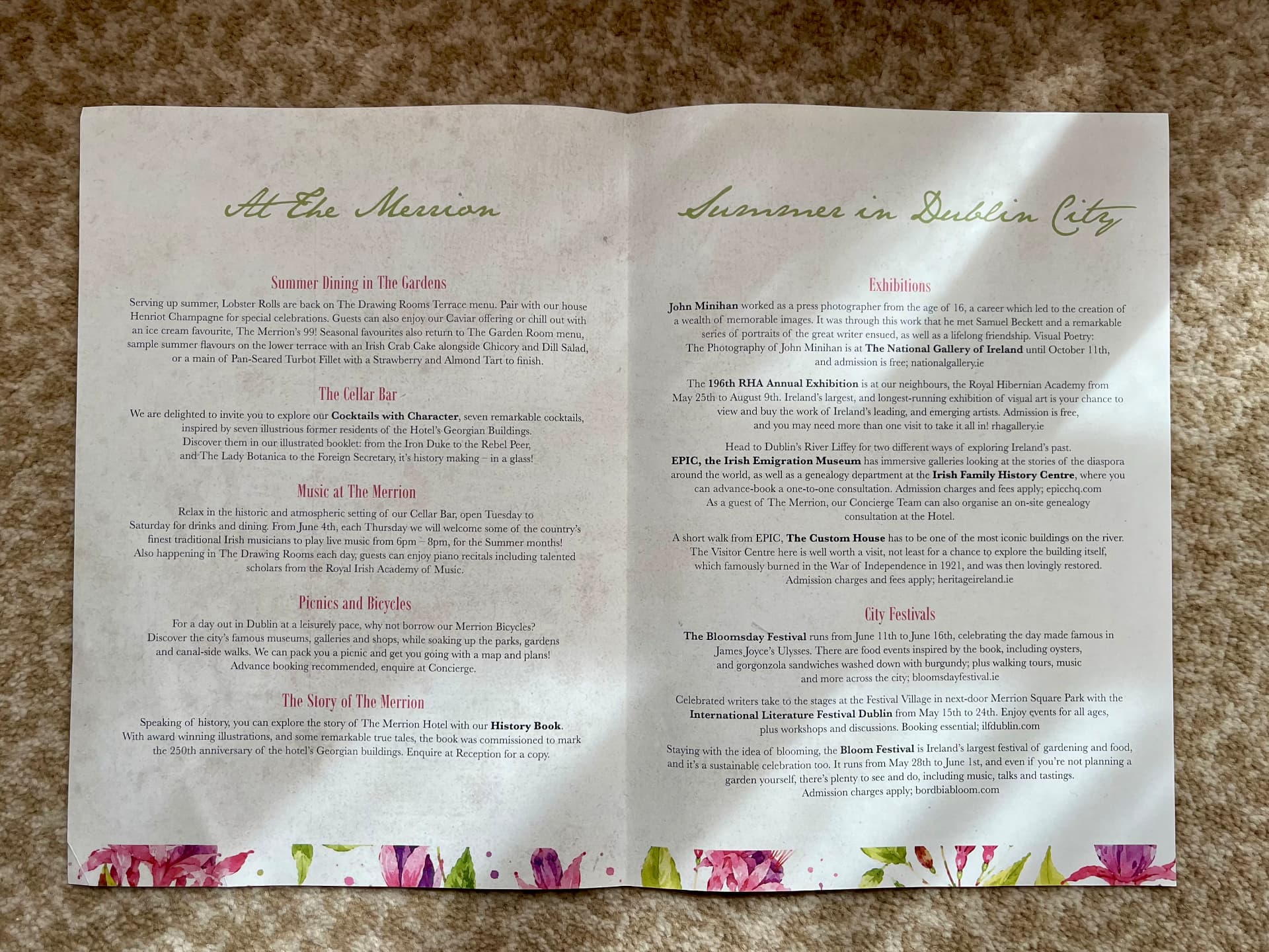 The Merrion's printed Summer in Dublin City folio from Deborah's stay
