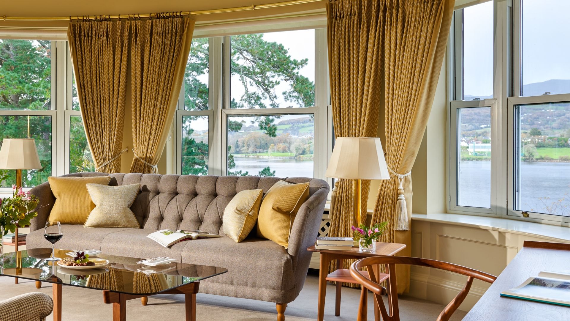 A suite at Sheen Falls Lodge looking over Kenmare Bay