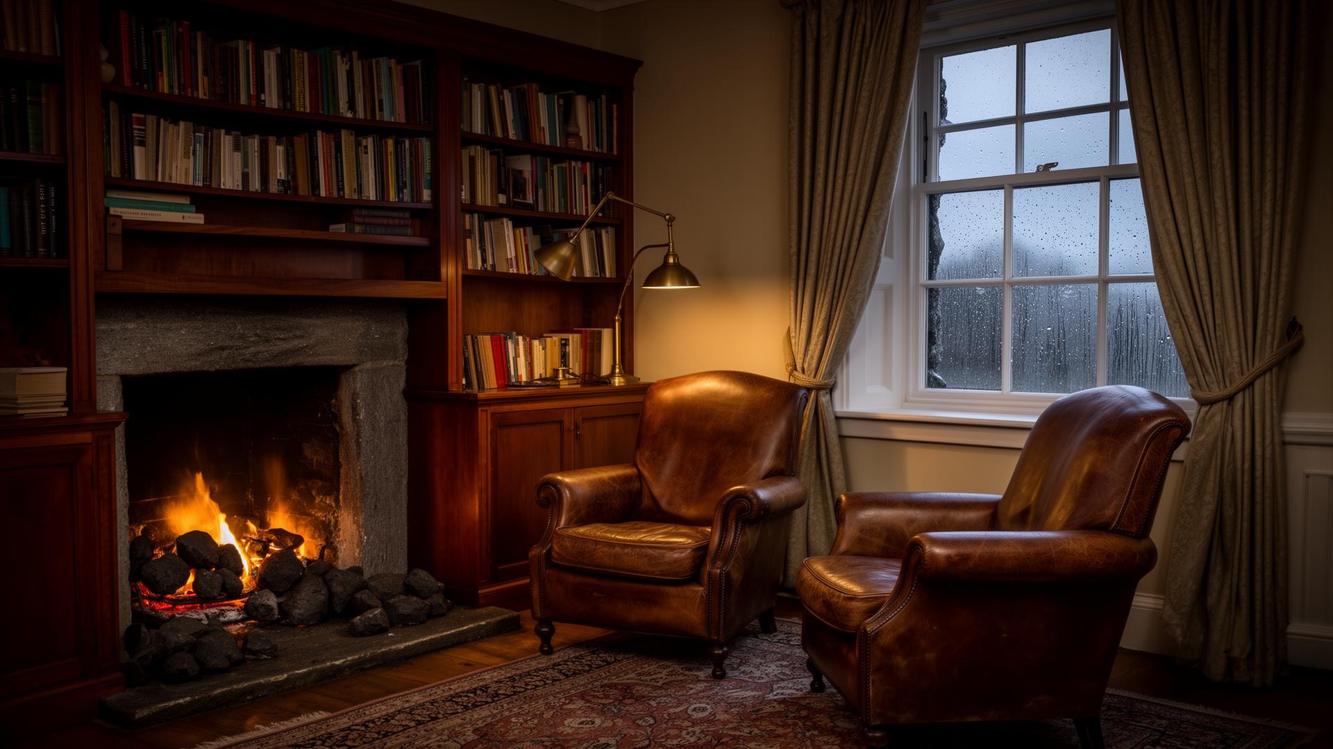 Ballynahinch Castle library with low fire and leather armchairs