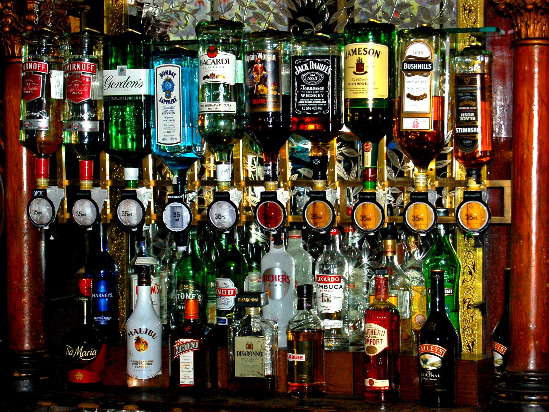 The whiskey shelf behind the bar at the Crown Liquor Saloon in Belfast