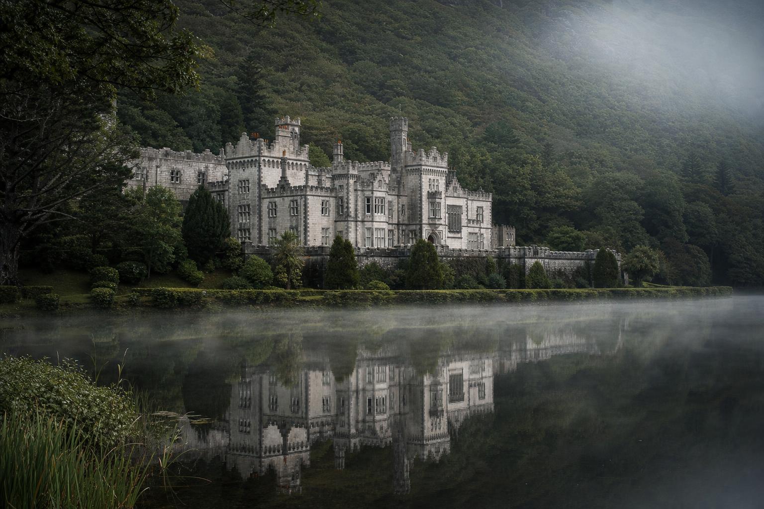Kylemore Abbey reflected in the lake, mist on the hills behind