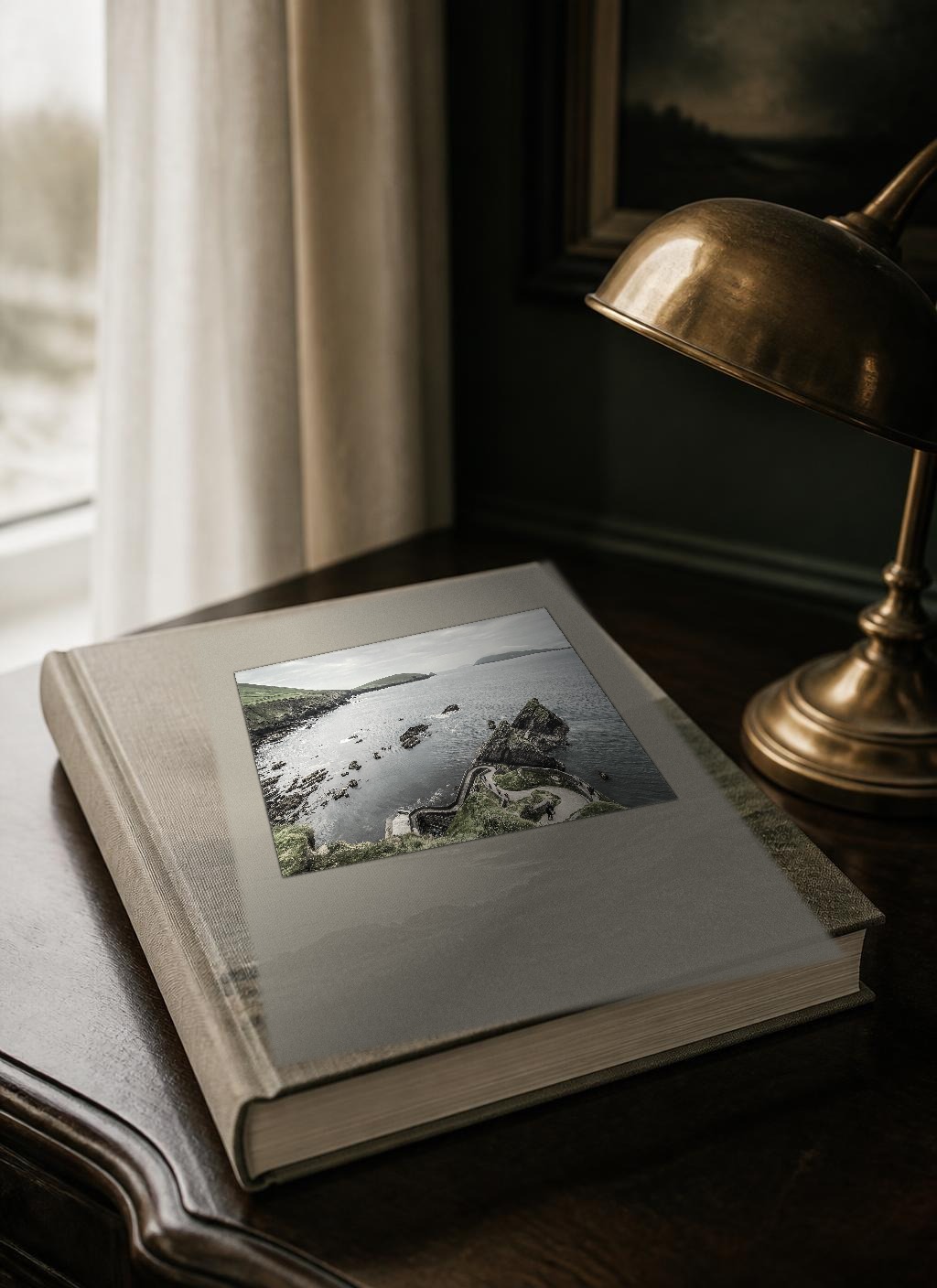Cover of the bound printed edition N° 01, The 7-Day Ireland Itinerary, cover line “The Wild Atlantic Journey”, from The Ireland Edit. The linen-bound volume photographed as a physical book, with a documentary photograph of The Blasket Islands, County Kerry tipped into the front board.
