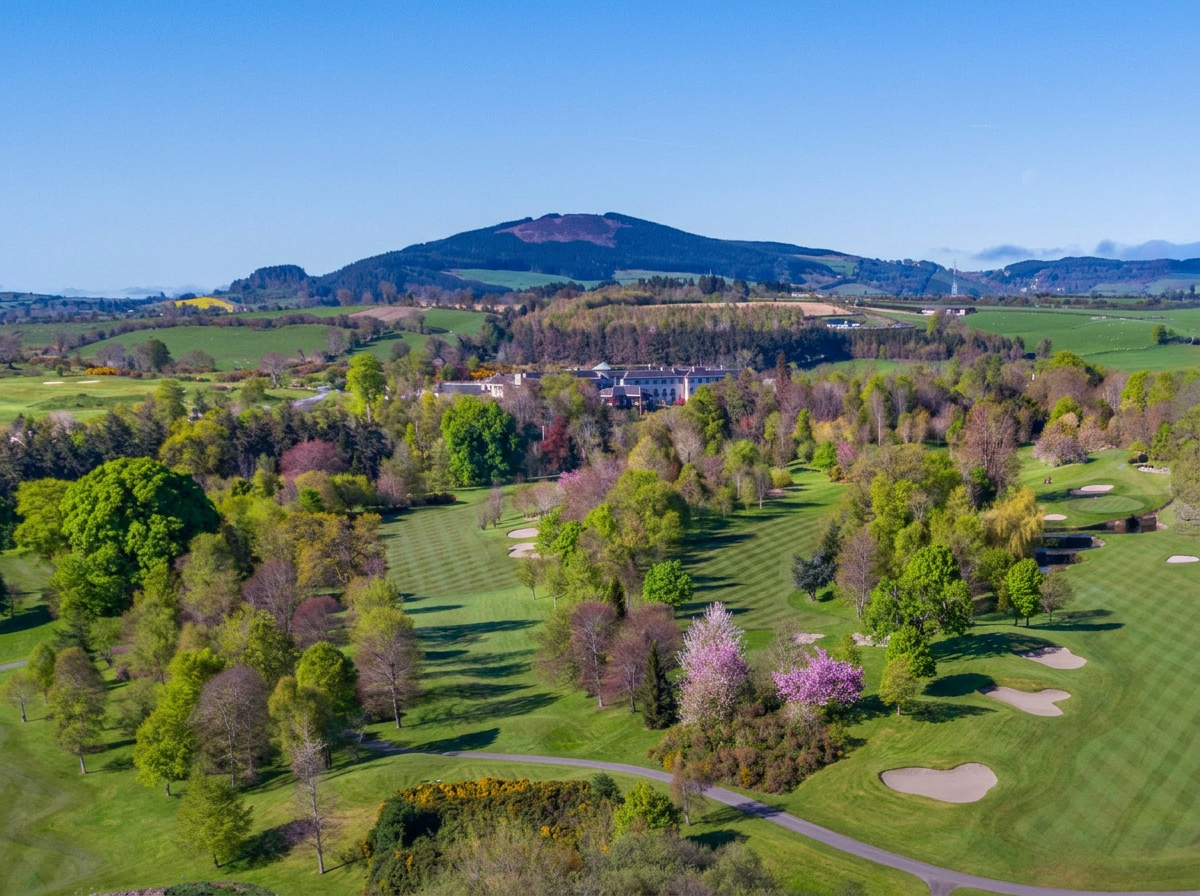 Druids Glen Hotel and Golf Resort aerial view in County Wicklow Ireland