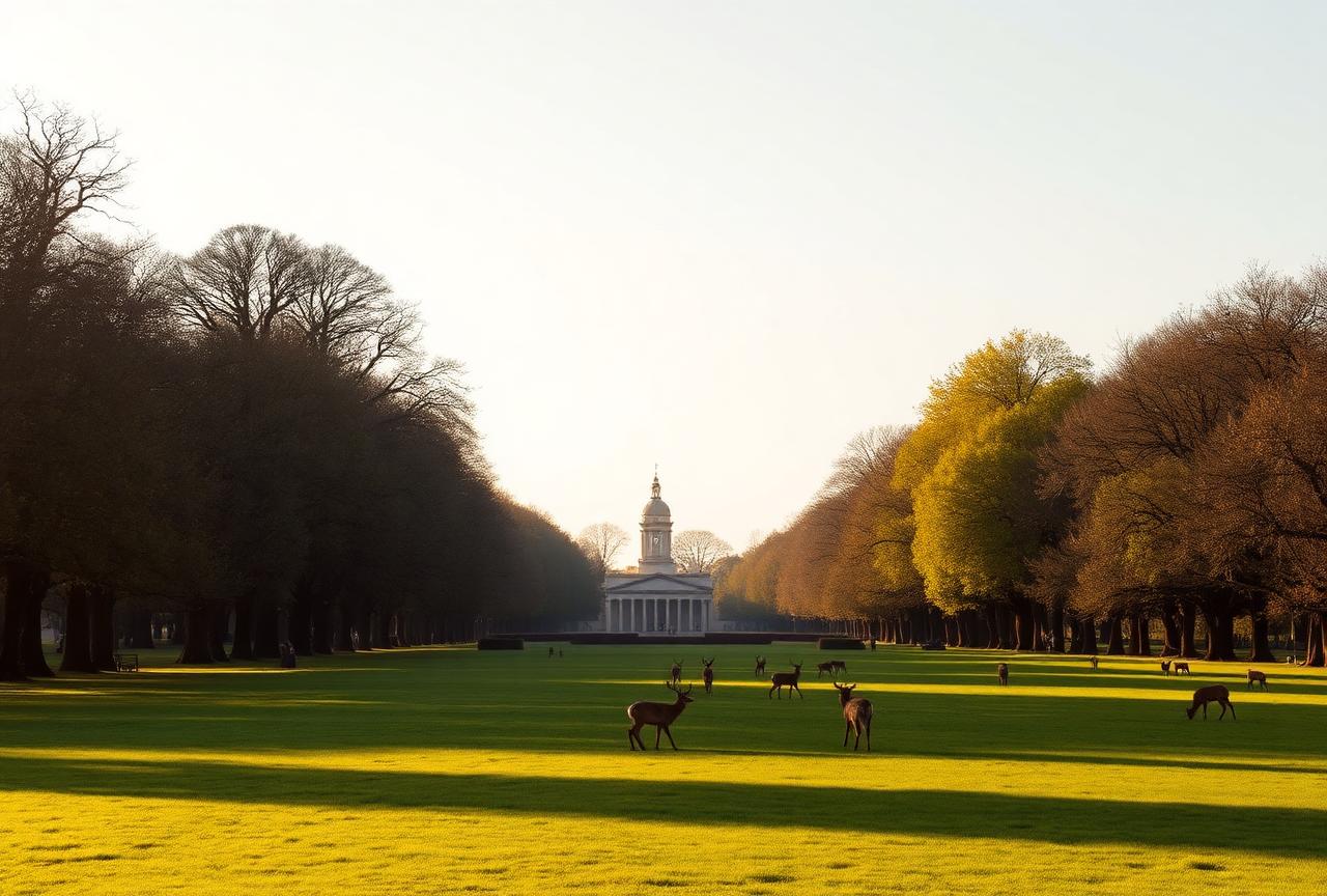 Wild fallow deer grazing in Phoenix Park, Dublin, with the Wellington Monument in the distance.