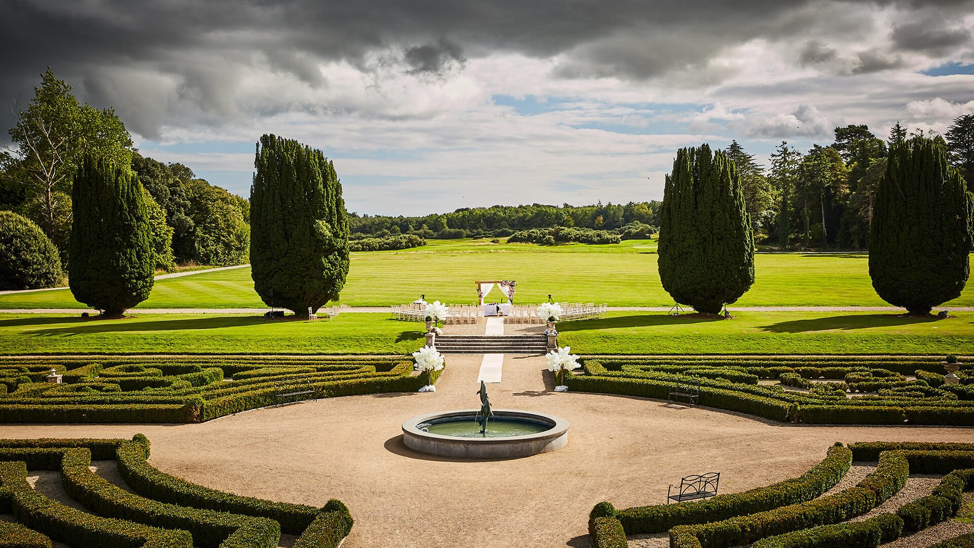 Formal gardens and fountain at Castlemartyr Resort